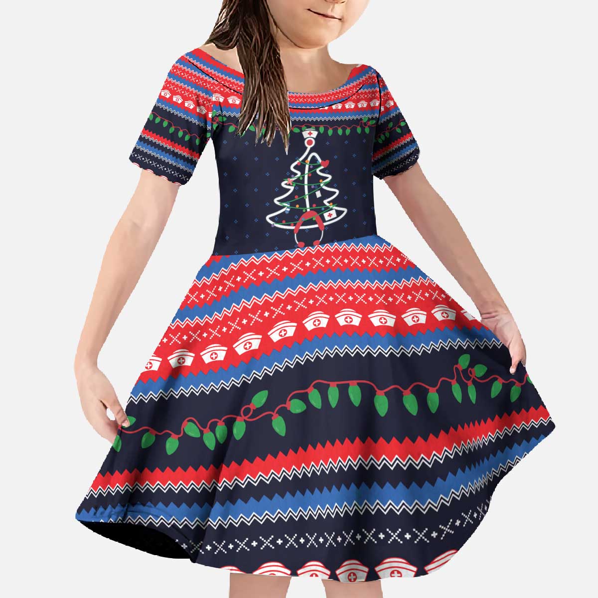 Merry Christmas Nurse Family Matching Off The Shoulder Long Sleeve Dress and Hawaiian Shirt Stethoscope Tree Nurses and Medical Workers - Wonder Print Shop