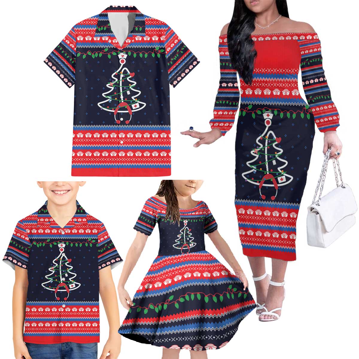 Merry Christmas Nurse Family Matching Off The Shoulder Long Sleeve Dress and Hawaiian Shirt Stethoscope Tree Nurses and Medical Workers - Wonder Print Shop