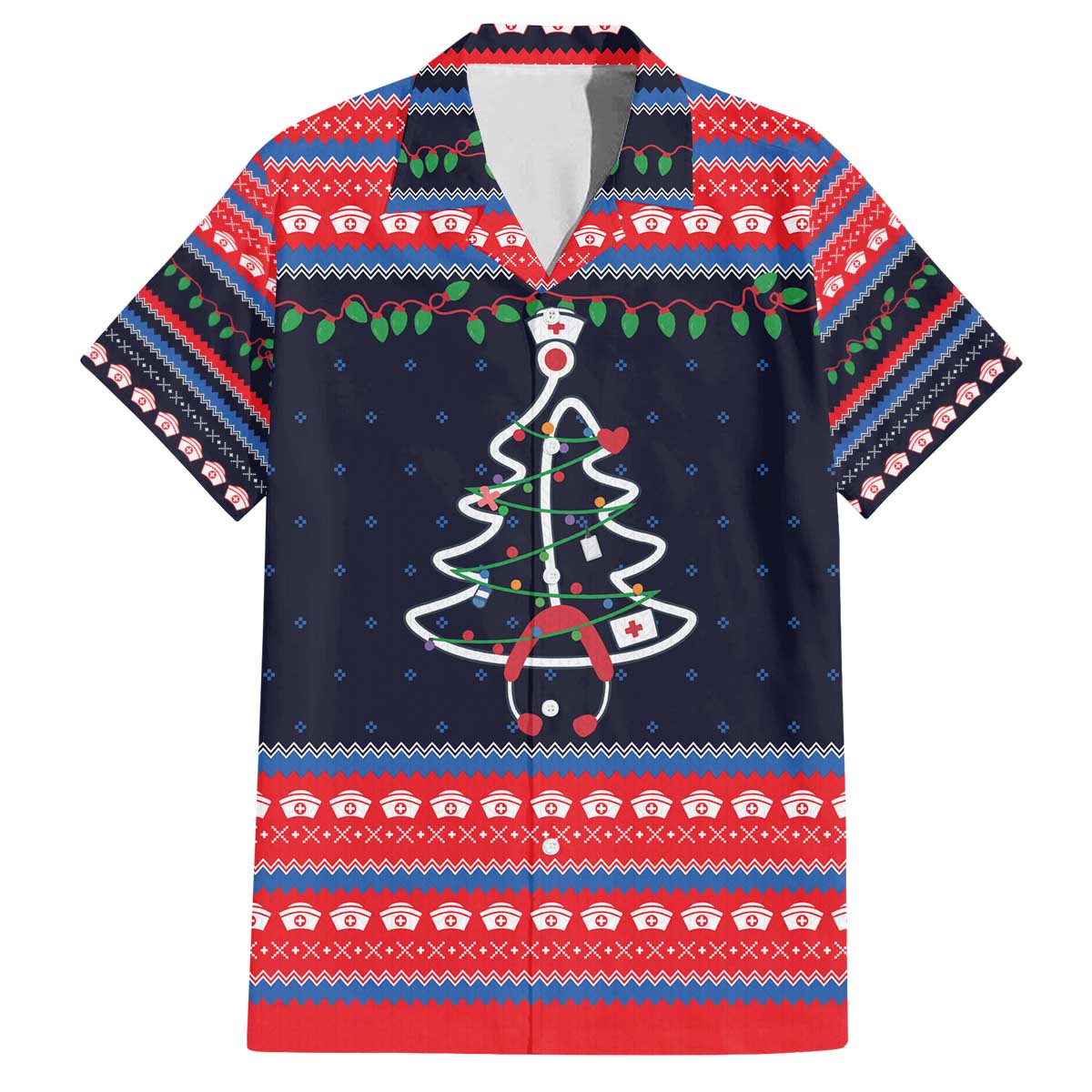 Merry Christmas Nurse Family Matching Off The Shoulder Long Sleeve Dress and Hawaiian Shirt Stethoscope Tree Nurses and Medical Workers - Wonder Print Shop