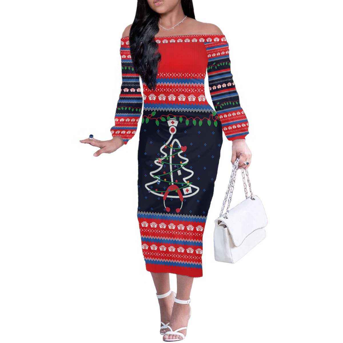 Merry Christmas Nurse Family Matching Off The Shoulder Long Sleeve Dress and Hawaiian Shirt Stethoscope Tree Nurses and Medical Workers - Wonder Print Shop