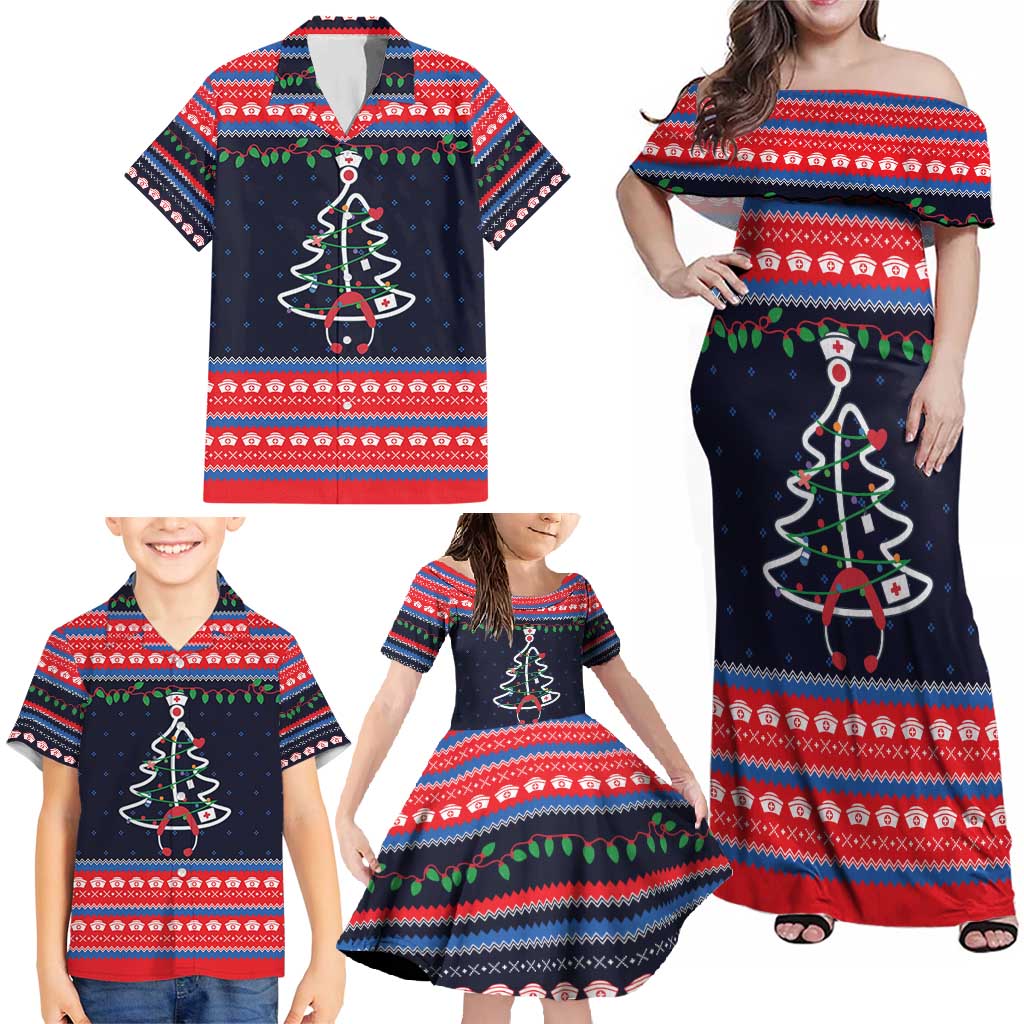 Merry Christmas Nurse Family Matching Off Shoulder Maxi Dress and Hawaiian Shirt Stethoscope Tree Nurses and Medical Workers - Wonder Print Shop