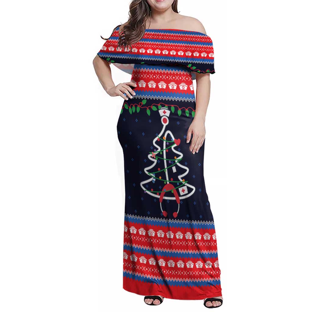 Merry Christmas Nurse Family Matching Off Shoulder Maxi Dress and Hawaiian Shirt Stethoscope Tree Nurses and Medical Workers - Wonder Print Shop