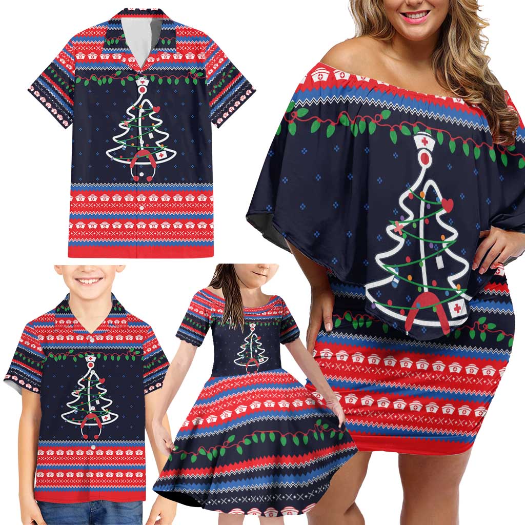 Merry Christmas Nurse Family Matching Off Shoulder Short Dress and Hawaiian Shirt Stethoscope Tree Nurses and Medical Workers - Wonder Print Shop