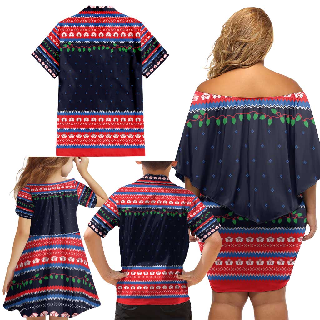 Merry Christmas Nurse Family Matching Off Shoulder Short Dress and Hawaiian Shirt Stethoscope Tree Nurses and Medical Workers - Wonder Print Shop