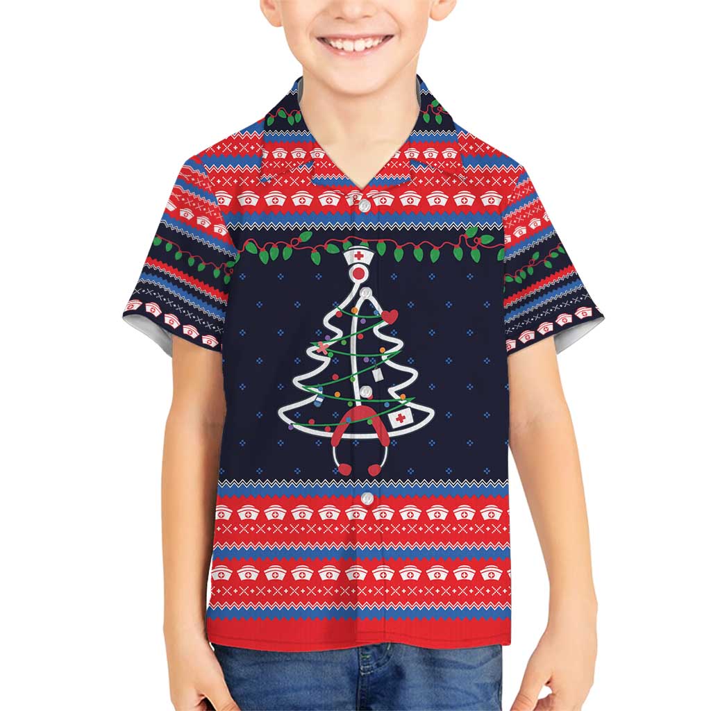 Merry Christmas Nurse Family Matching Off Shoulder Short Dress and Hawaiian Shirt Stethoscope Tree Nurses and Medical Workers - Wonder Print Shop