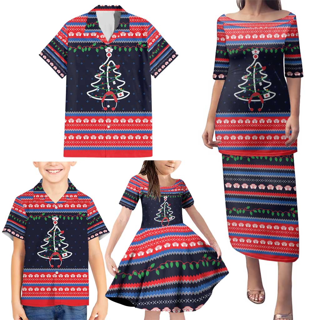 Merry Christmas Nurse Family Matching Puletasi and Hawaiian Shirt Stethoscope Tree Nurses and Medical Workers - Wonder Print Shop