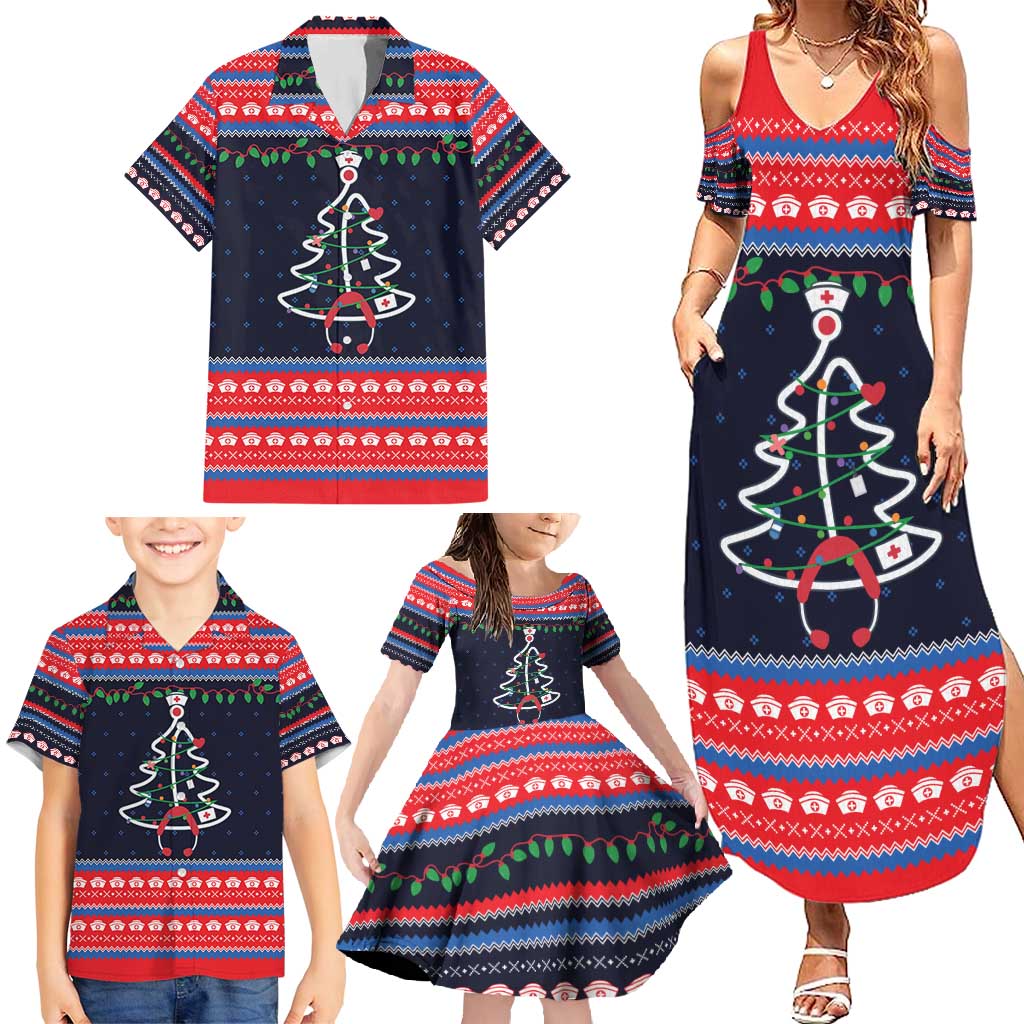 Merry Christmas Nurse Family Matching Summer Maxi Dress and Hawaiian Shirt Stethoscope Tree Nurses and Medical Workers - Wonder Print Shop