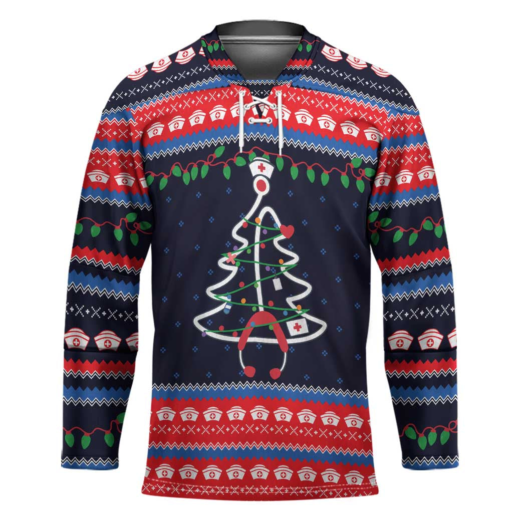 Merry Christmas Nurse Hockey Jersey Stethoscope Tree Nurses and Medical Workers - Wonder Print Shop