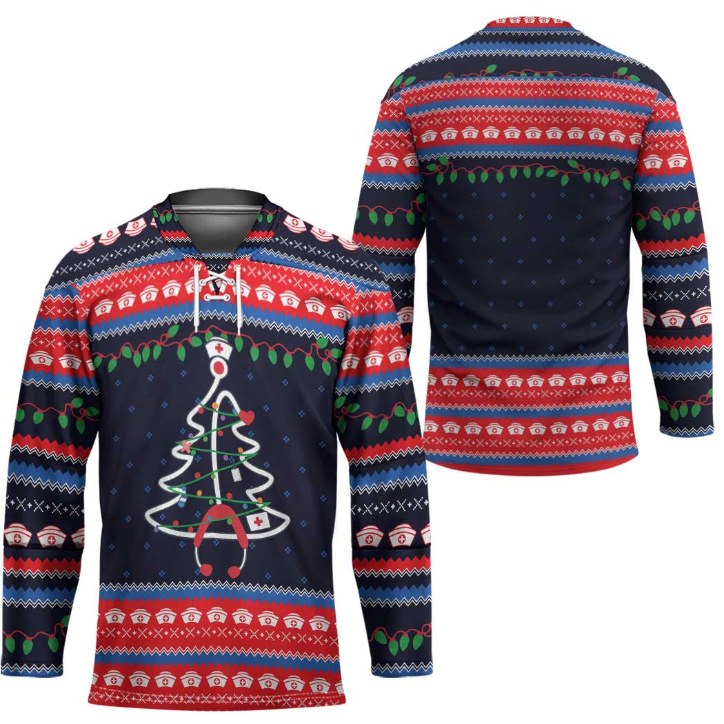Merry Christmas Nurse Hockey Jersey Stethoscope Tree Nurses and Medical Workers - Wonder Print Shop