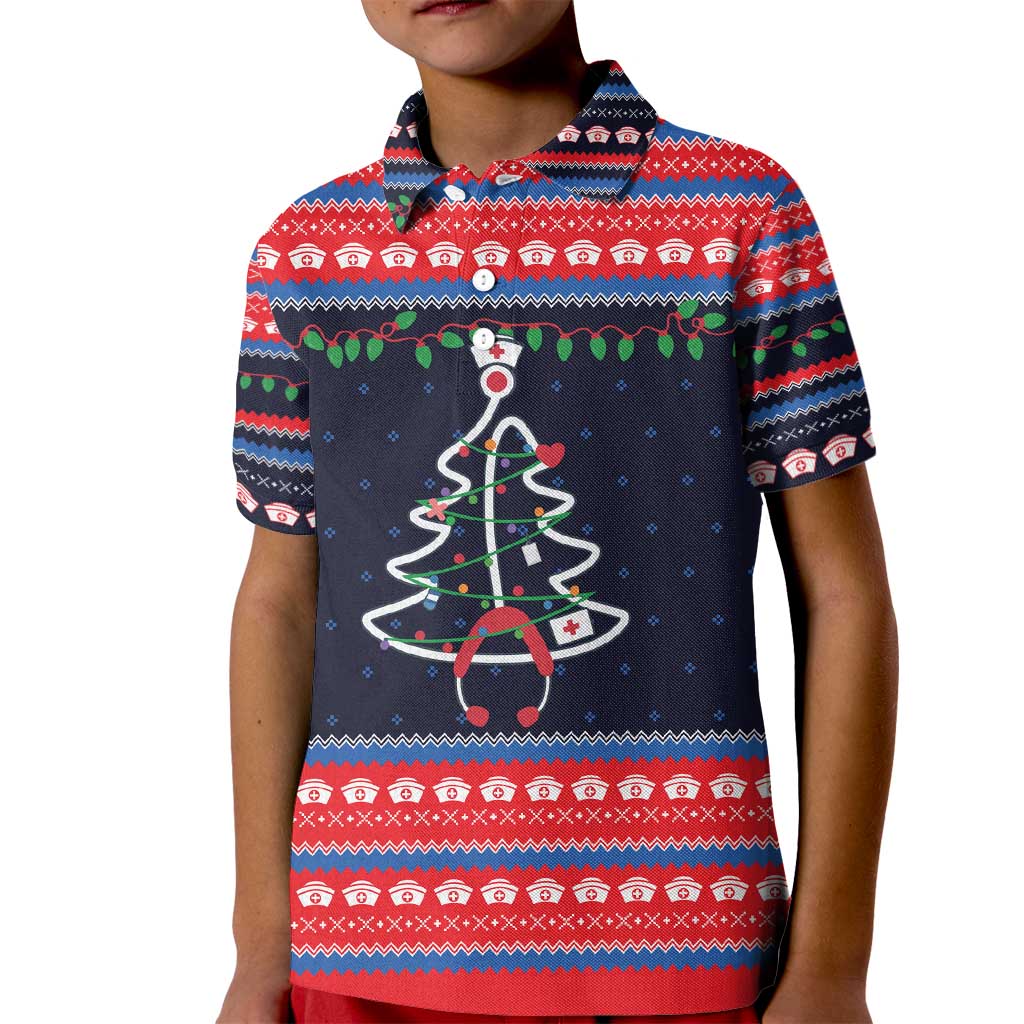 Merry Christmas Nurse Kid Polo Shirt Stethoscope Tree Nurses and Medical Workers - Wonder Print Shop