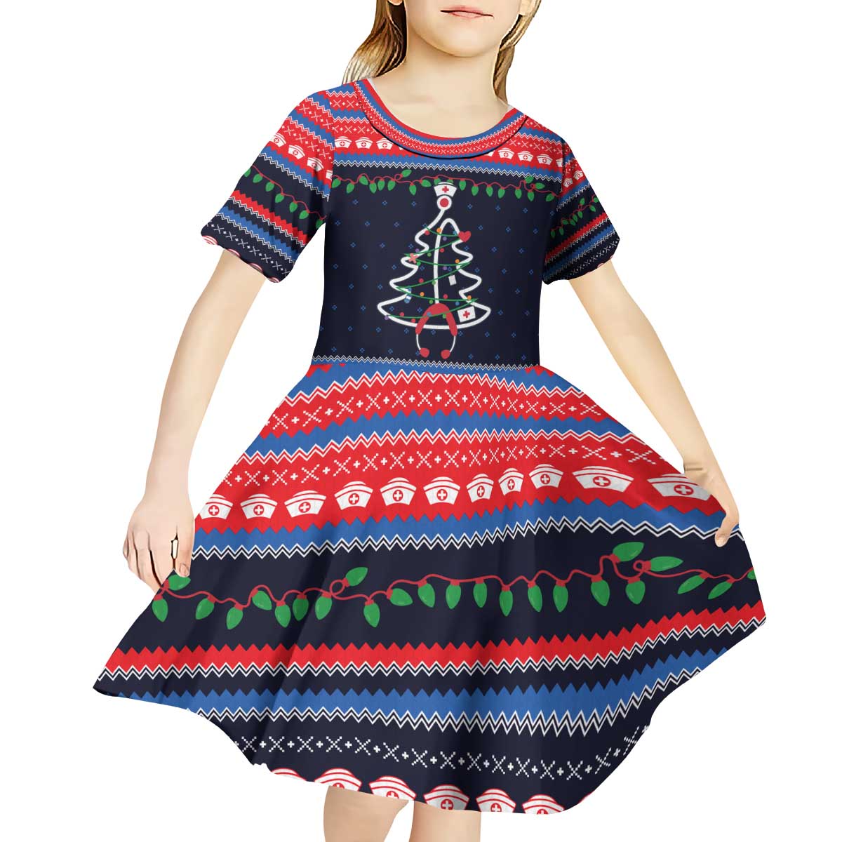Merry Christmas Nurse Kid Short Sleeve Dress Stethoscope Tree Nurses and Medical Workers - Wonder Print Shop