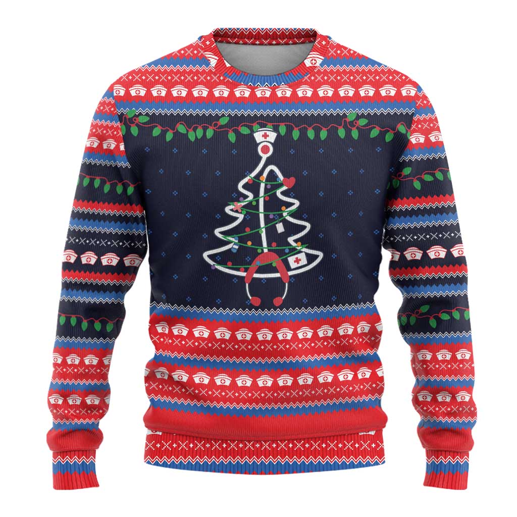 Merry Christmas Nurse Ugly Christmas Sweater Stethoscope Tree Nurses and Medical Workers - Wonder Print Shop