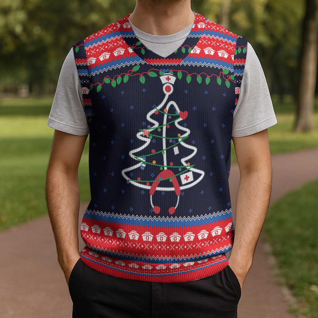 Merry Christmas Nurse Christmas Knitted V-Neck Vest Stethoscope Tree Nurses and Medical Workers - Wonder Print Shop