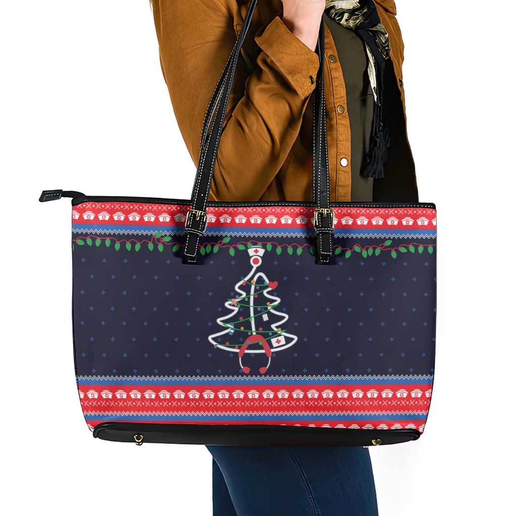 Merry Christmas Nurse Leather Tote Bag Stethoscope Tree Nurses and Medical Workers - Wonder Print Shop