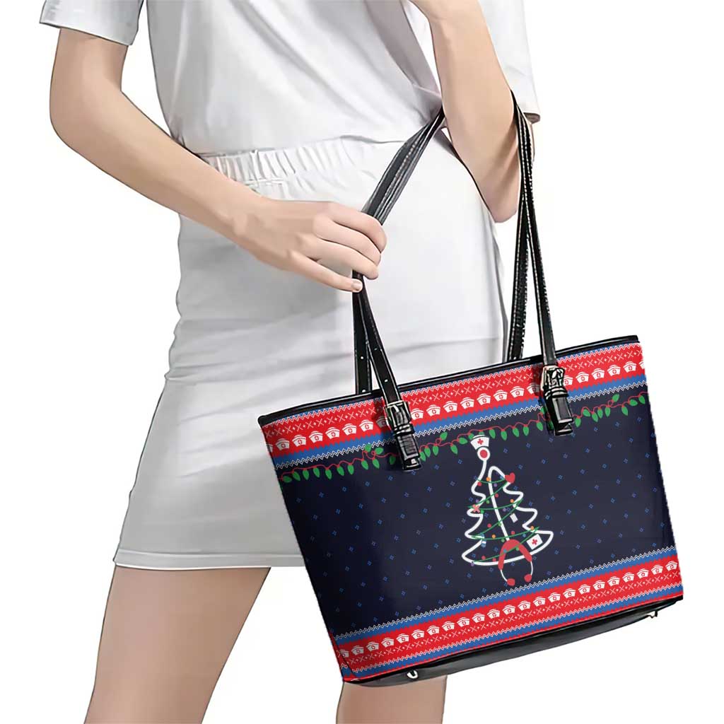 Merry Christmas Nurse Leather Tote Bag Stethoscope Tree Nurses and Medical Workers - Wonder Print Shop
