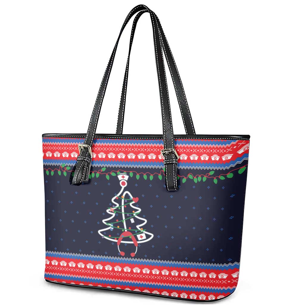 Merry Christmas Nurse Leather Tote Bag Stethoscope Tree Nurses and Medical Workers - Wonder Print Shop