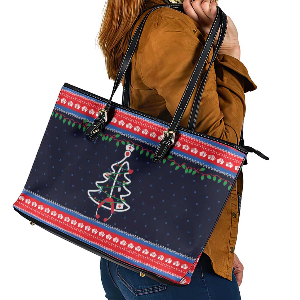 Merry Christmas Nurse Leather Tote Bag Stethoscope Tree Nurses and Medical Workers - Wonder Print Shop