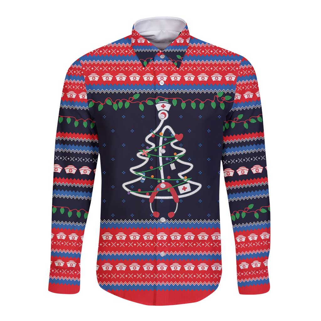 Merry Christmas Nurse Long Sleeve Button Shirt Stethoscope Tree Nurses and Medical Workers - Wonder Print Shop