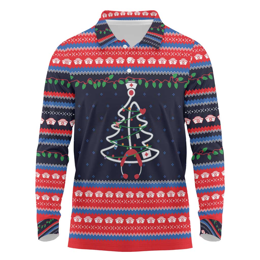 Merry Christmas Nurse Long Sleeve Polo Shirt Stethoscope Tree Nurses and Medical Workers - Wonder Print Shop
