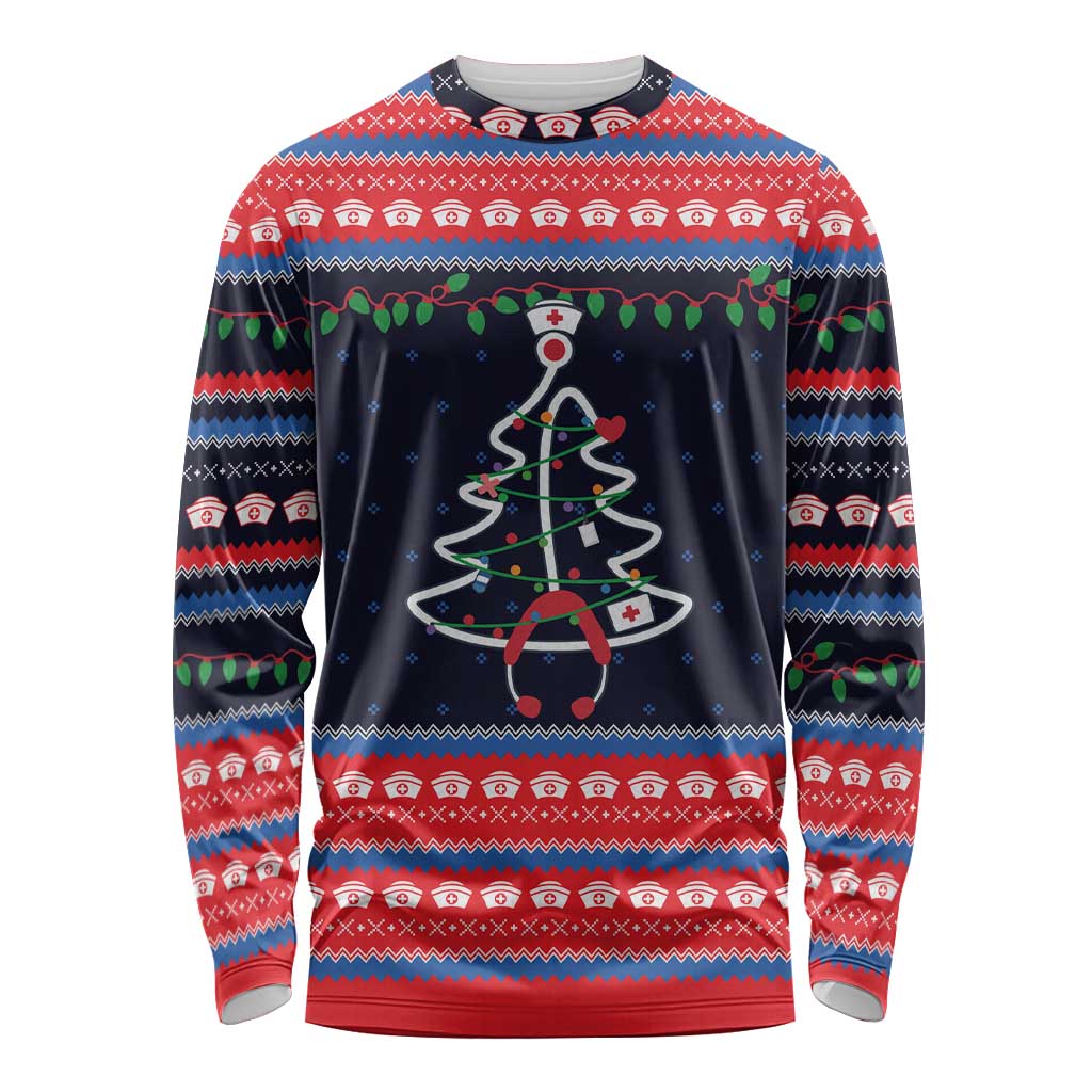 Merry Christmas Nurse Long Sleeve Shirt Stethoscope Tree Nurses and Medical Workers - Wonder Print Shop