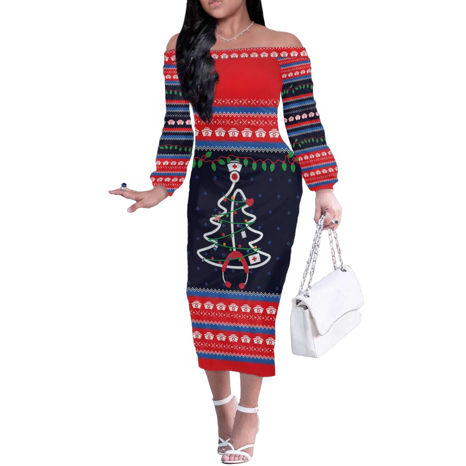 Merry Christmas Nurse Off The Shoulder Long Sleeve Dress Stethoscope Tree Nurses and Medical Workers - Wonder Print Shop