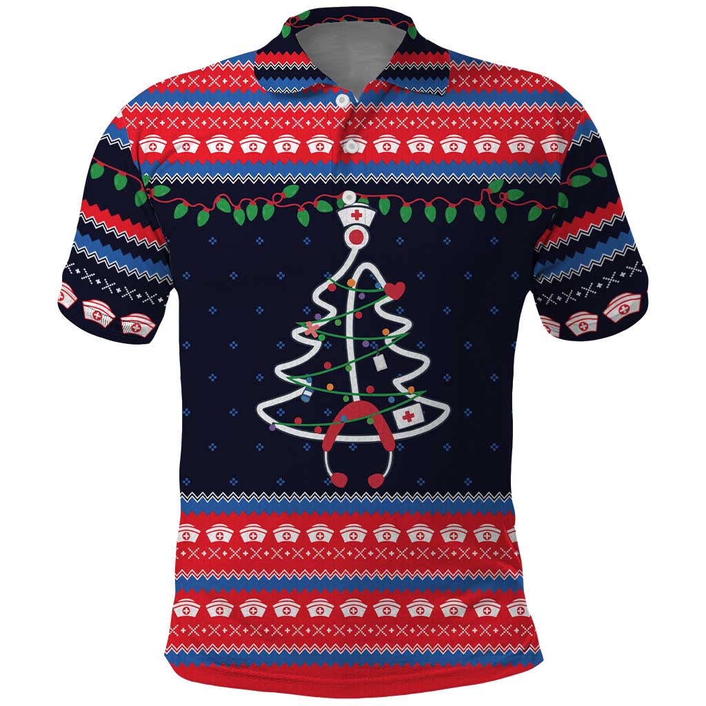Merry Christmas Nurse Polo Shirt Stethoscope Tree Nurses and Medical Workers - Wonder Print Shop