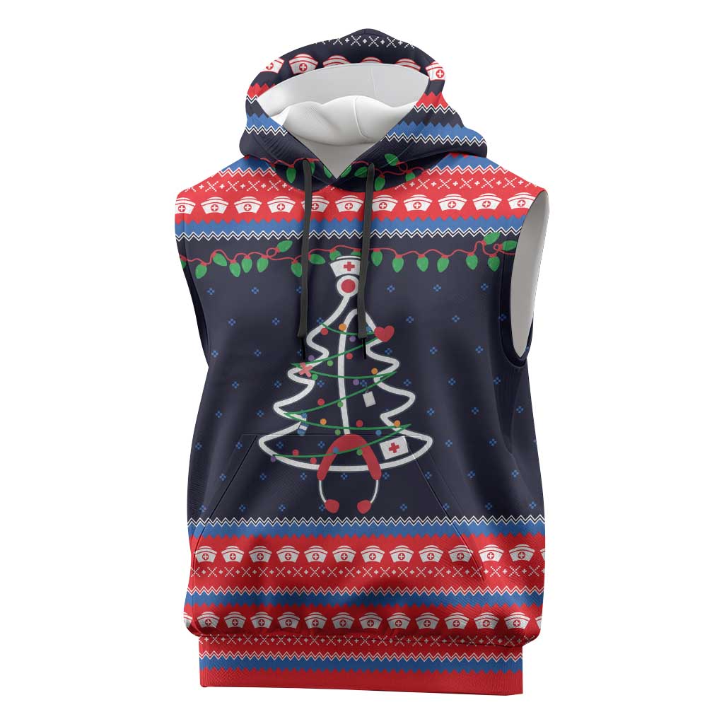Merry Christmas Nurse Sleeveless Hoodie Stethoscope Tree Nurses and Medical Workers - Wonder Print Shop