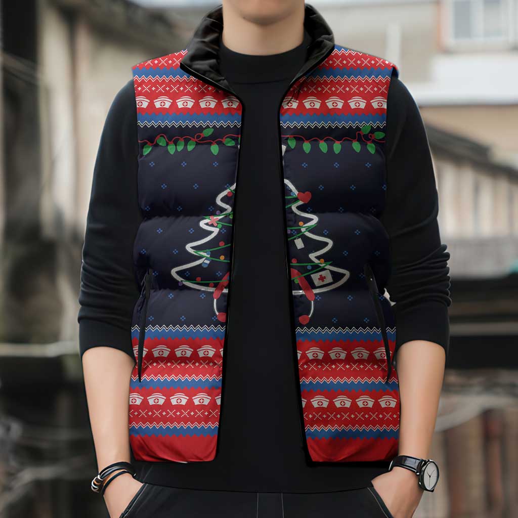 Merry Christmas Nurse Sleeveless Puffer Jacket Stethoscope Tree Nurses and Medical Workers - Wonder Print Shop