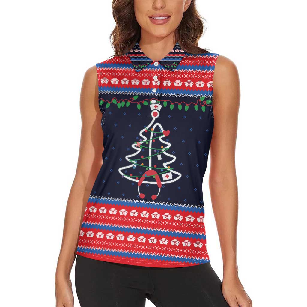 Merry Christmas Nurse Women Sleeveless Polo Shirt Stethoscope Tree Nurses and Medical Workers - Wonder Print Shop