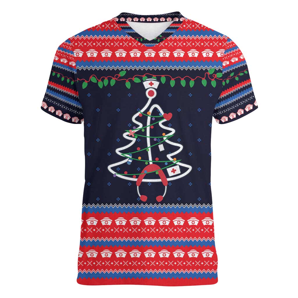 Merry Christmas Nurse Women V-Neck T-Shirt Stethoscope Tree Nurses and Medical Workers - Wonder Print Shop