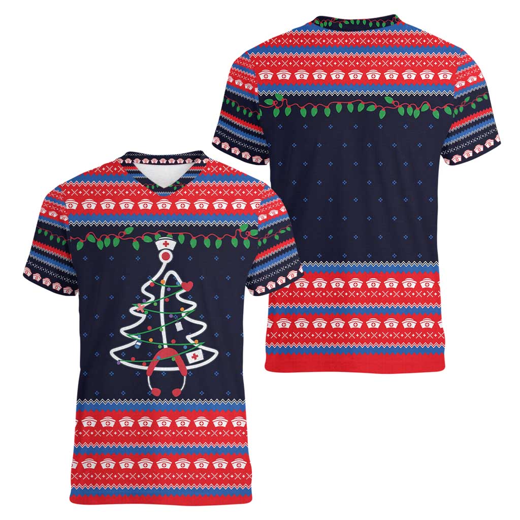 Merry Christmas Nurse Women V-Neck T-Shirt Stethoscope Tree Nurses and Medical Workers - Wonder Print Shop