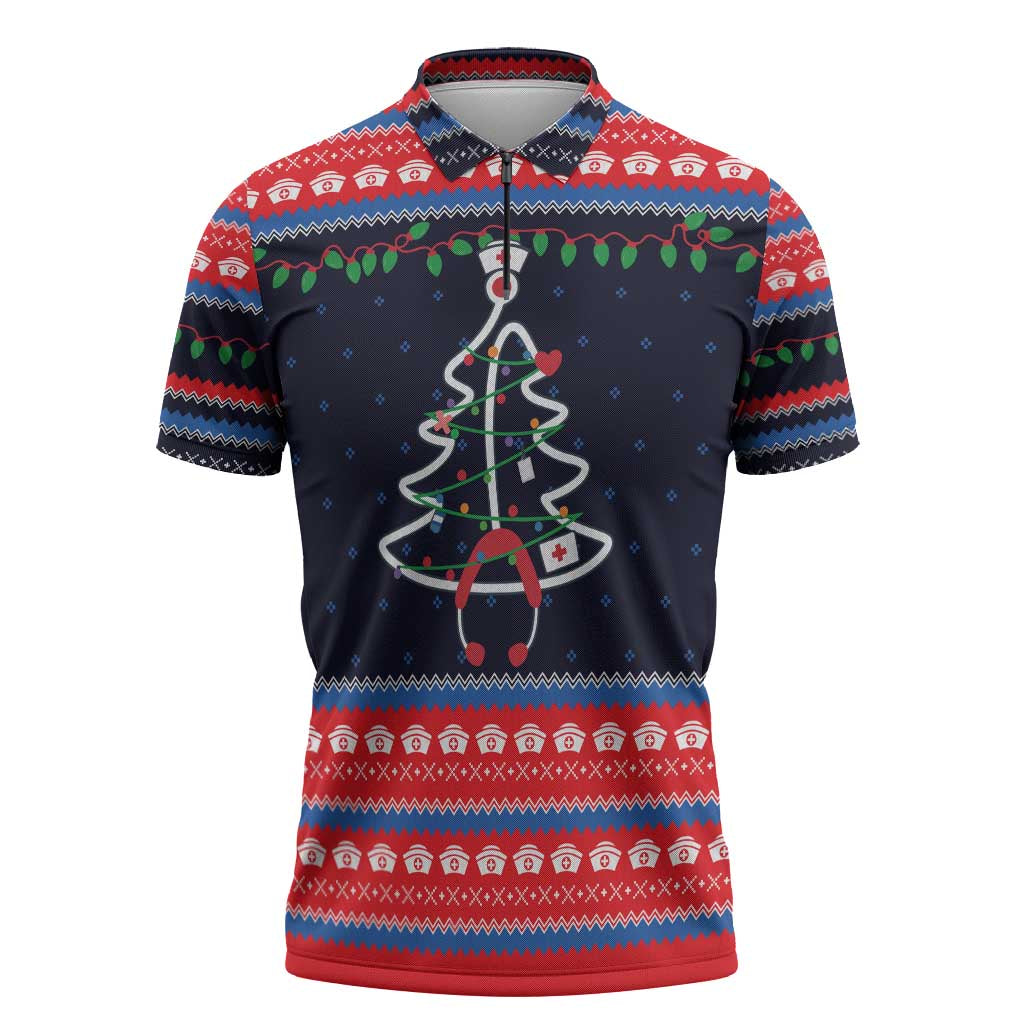 Merry Christmas Nurse Zipper Polo Shirt Stethoscope Tree Nurses and Medical Workers - Wonder Print Shop