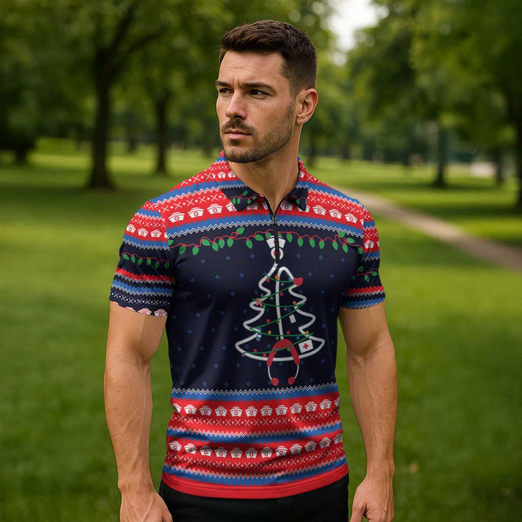 Merry Christmas Nurse Zipper Polo Shirt Stethoscope Tree Nurses and Medical Workers - Wonder Print Shop