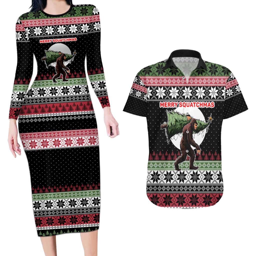 Funny Bigfoot Christmas Couples Matching Long Sleeve Bodycon Dress and Hawaiian Shirt Xmas Holiday Patterns - Wonder Print Shop