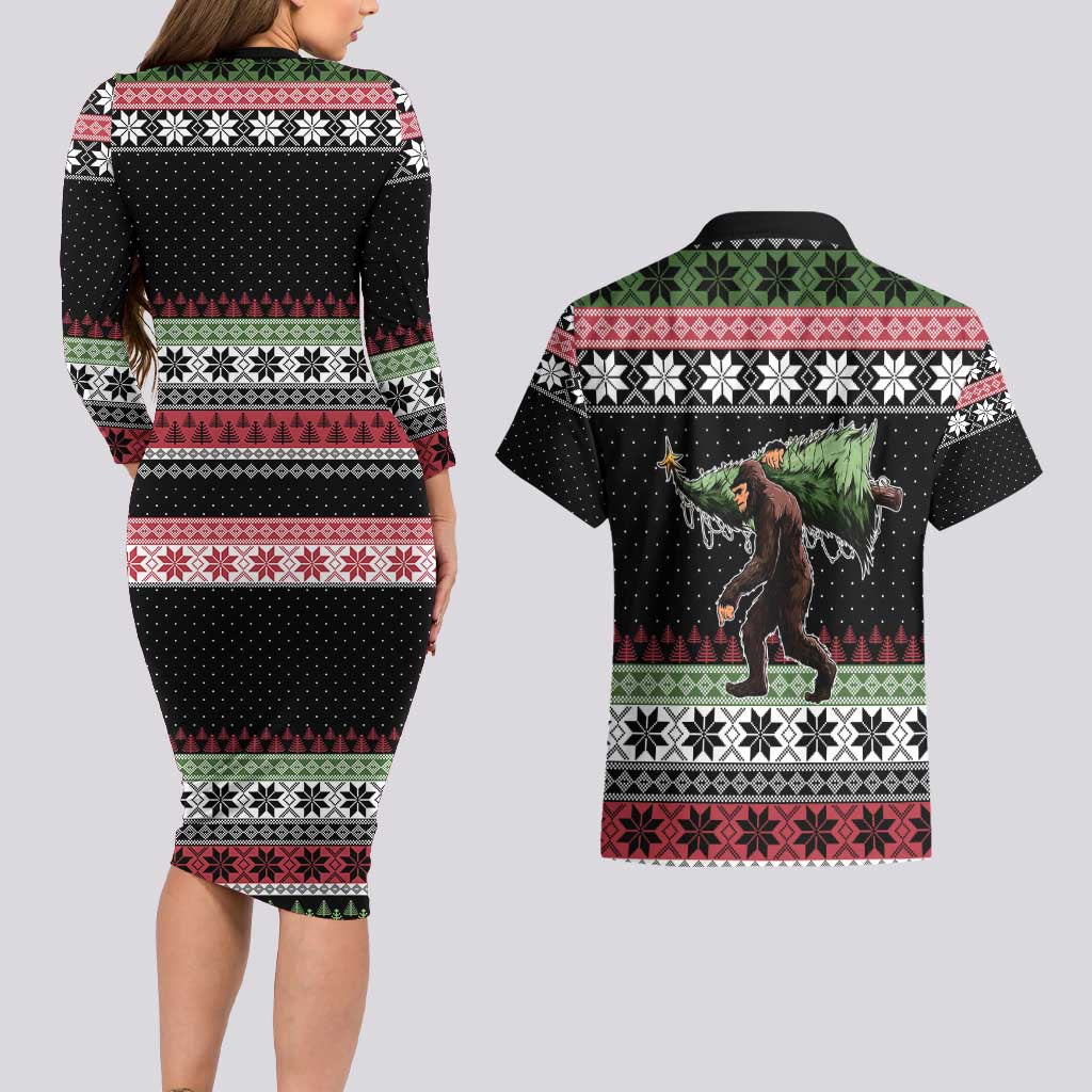 Funny Bigfoot Christmas Couples Matching Long Sleeve Bodycon Dress and Hawaiian Shirt Xmas Holiday Patterns - Wonder Print Shop