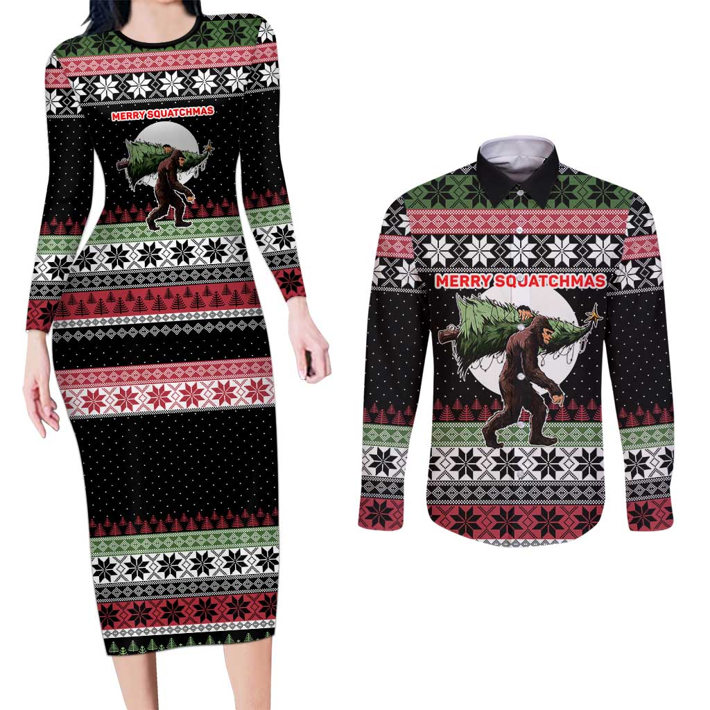 Funny Bigfoot Christmas Couples Matching Long Sleeve Bodycon Dress and Long Sleeve Button Shirt Xmas Holiday Patterns - Wonder Print Shop