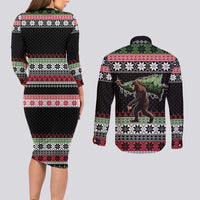Funny Bigfoot Christmas Couples Matching Long Sleeve Bodycon Dress and Long Sleeve Button Shirt Xmas Holiday Patterns - Wonder Print Shop