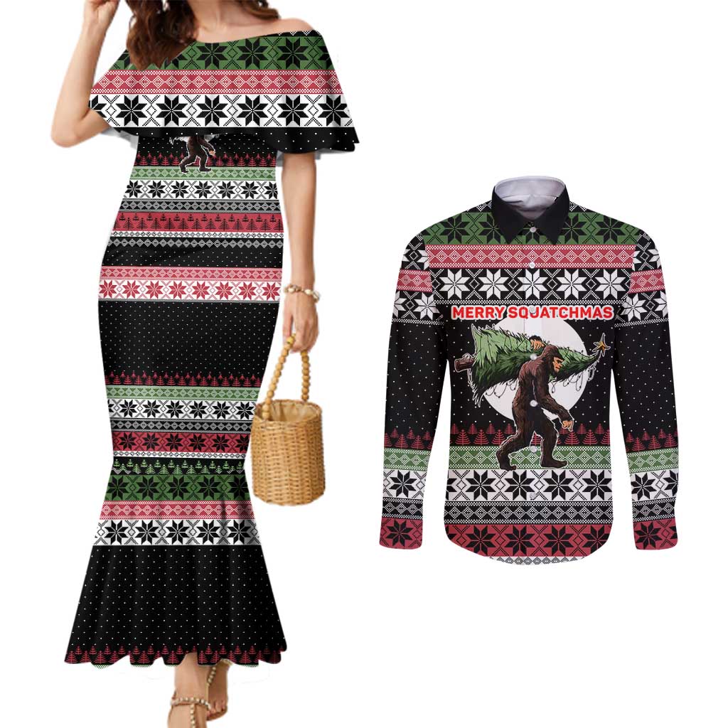 Funny Bigfoot Christmas Couples Matching Mermaid Dress and Long Sleeve Button Shirt Xmas Holiday Patterns - Wonder Print Shop