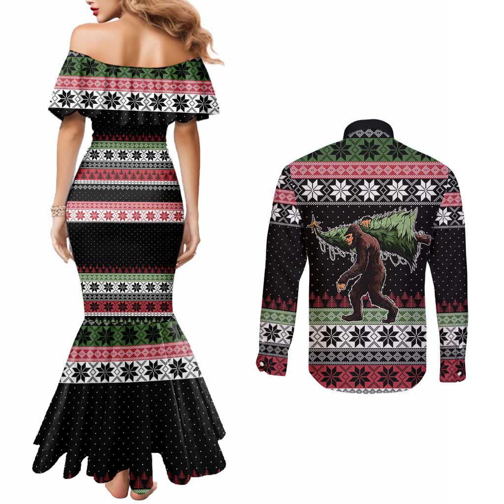 Funny Bigfoot Christmas Couples Matching Mermaid Dress and Long Sleeve Button Shirt Xmas Holiday Patterns - Wonder Print Shop