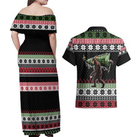Funny Bigfoot Christmas Couples Matching Off Shoulder Maxi Dress and Hawaiian Shirt Xmas Holiday Patterns - Wonder Print Shop