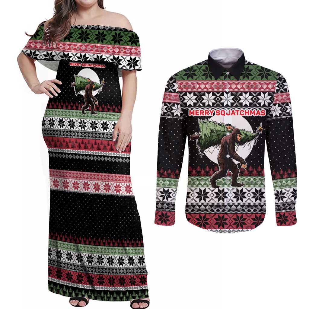 Funny Bigfoot Christmas Couples Matching Off Shoulder Maxi Dress and Long Sleeve Button Shirt Xmas Holiday Patterns - Wonder Print Shop