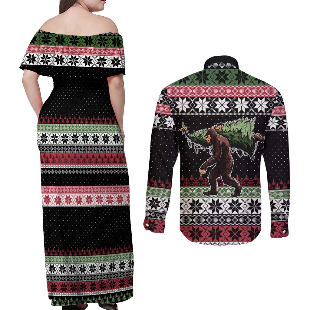 Funny Bigfoot Christmas Couples Matching Off Shoulder Maxi Dress and Long Sleeve Button Shirt Xmas Holiday Patterns - Wonder Print Shop