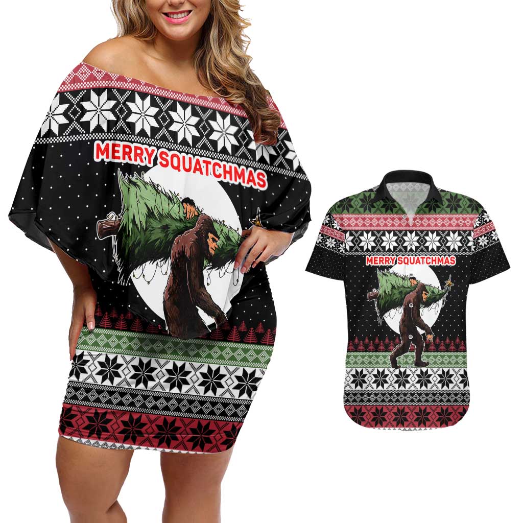 Funny Bigfoot Christmas Couples Matching Off Shoulder Short Dress and Hawaiian Shirt Xmas Holiday Patterns - Wonder Print Shop