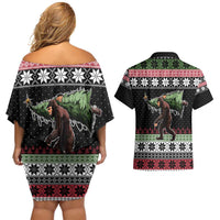 Funny Bigfoot Christmas Couples Matching Off Shoulder Short Dress and Hawaiian Shirt Xmas Holiday Patterns - Wonder Print Shop