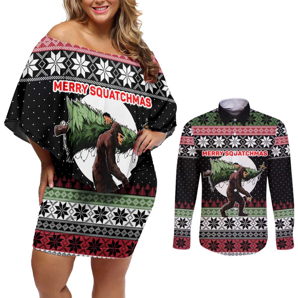 Funny Bigfoot Christmas Couples Matching Off Shoulder Short Dress and Long Sleeve Button Shirt Xmas Holiday Patterns - Wonder Print Shop