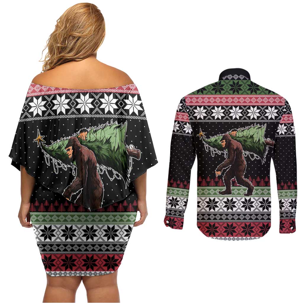 Funny Bigfoot Christmas Couples Matching Off Shoulder Short Dress and Long Sleeve Button Shirt Xmas Holiday Patterns - Wonder Print Shop
