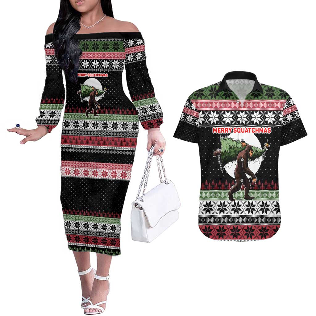 Funny Bigfoot Christmas Couples Matching Off The Shoulder Long Sleeve Dress and Hawaiian Shirt Xmas Holiday Patterns - Wonder Print Shop