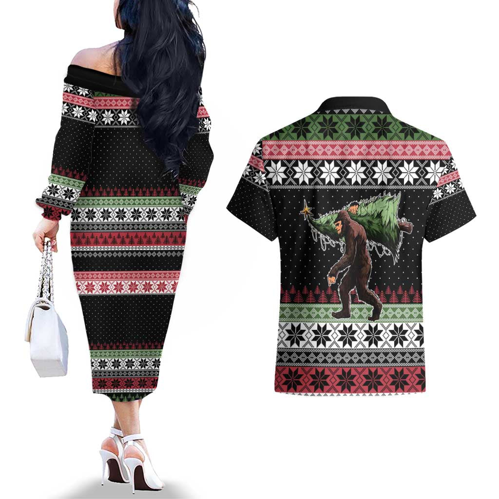 Funny Bigfoot Christmas Couples Matching Off The Shoulder Long Sleeve Dress and Hawaiian Shirt Xmas Holiday Patterns - Wonder Print Shop