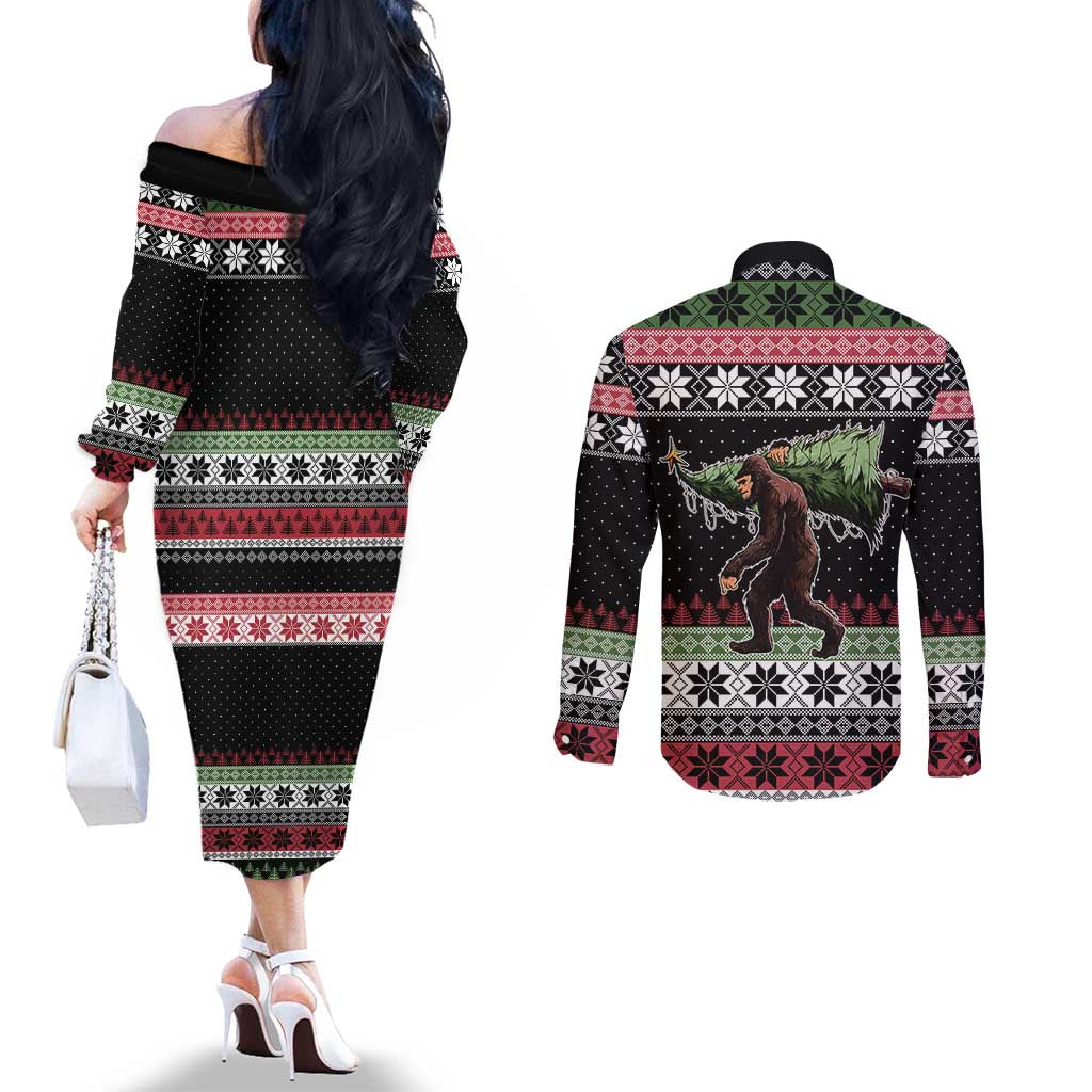 Funny Bigfoot Christmas Couples Matching Off The Shoulder Long Sleeve Dress and Long Sleeve Button Shirt Xmas Holiday Patterns - Wonder Print Shop