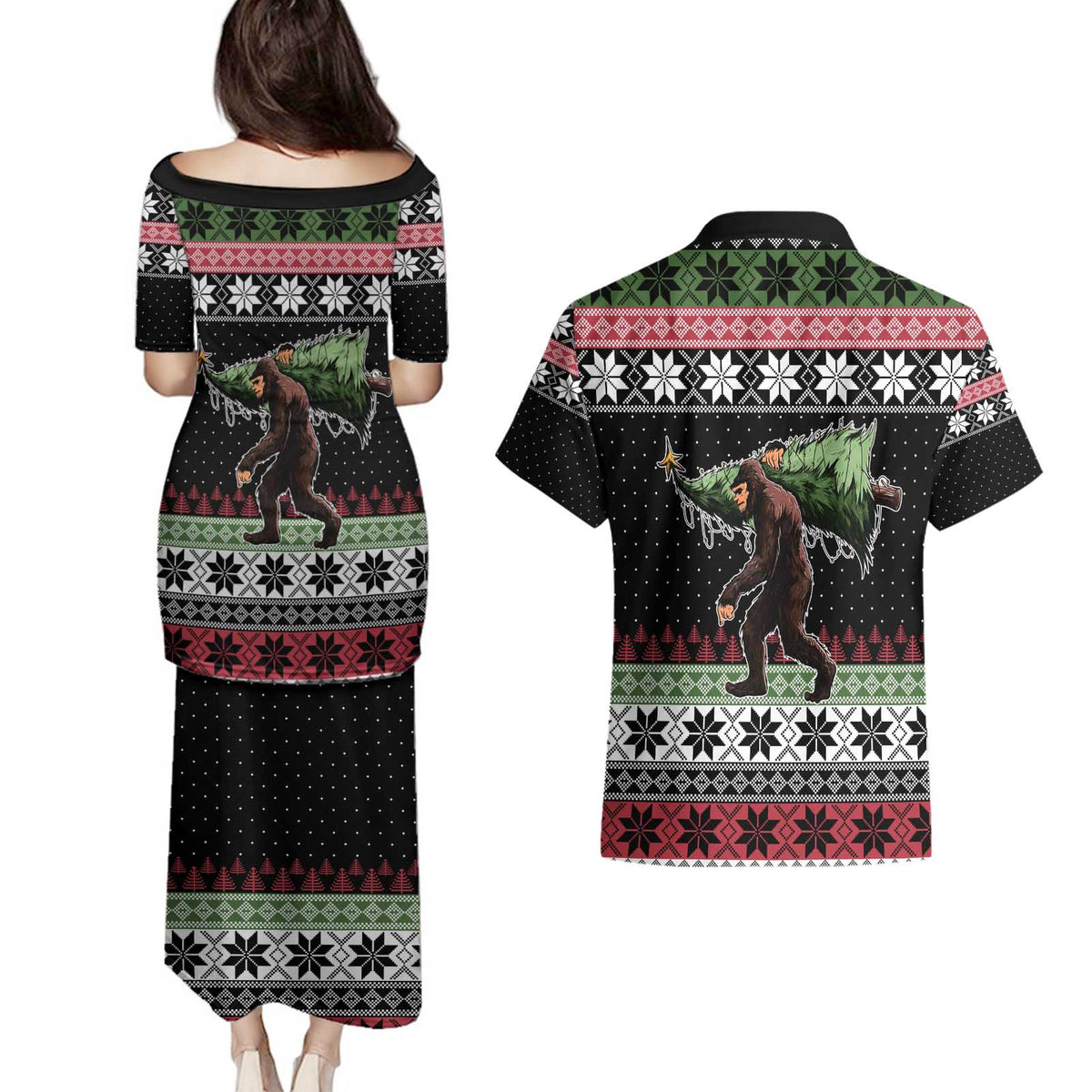 Funny Bigfoot Christmas Couples Matching Puletasi and Hawaiian Shirt Xmas Holiday Patterns - Wonder Print Shop